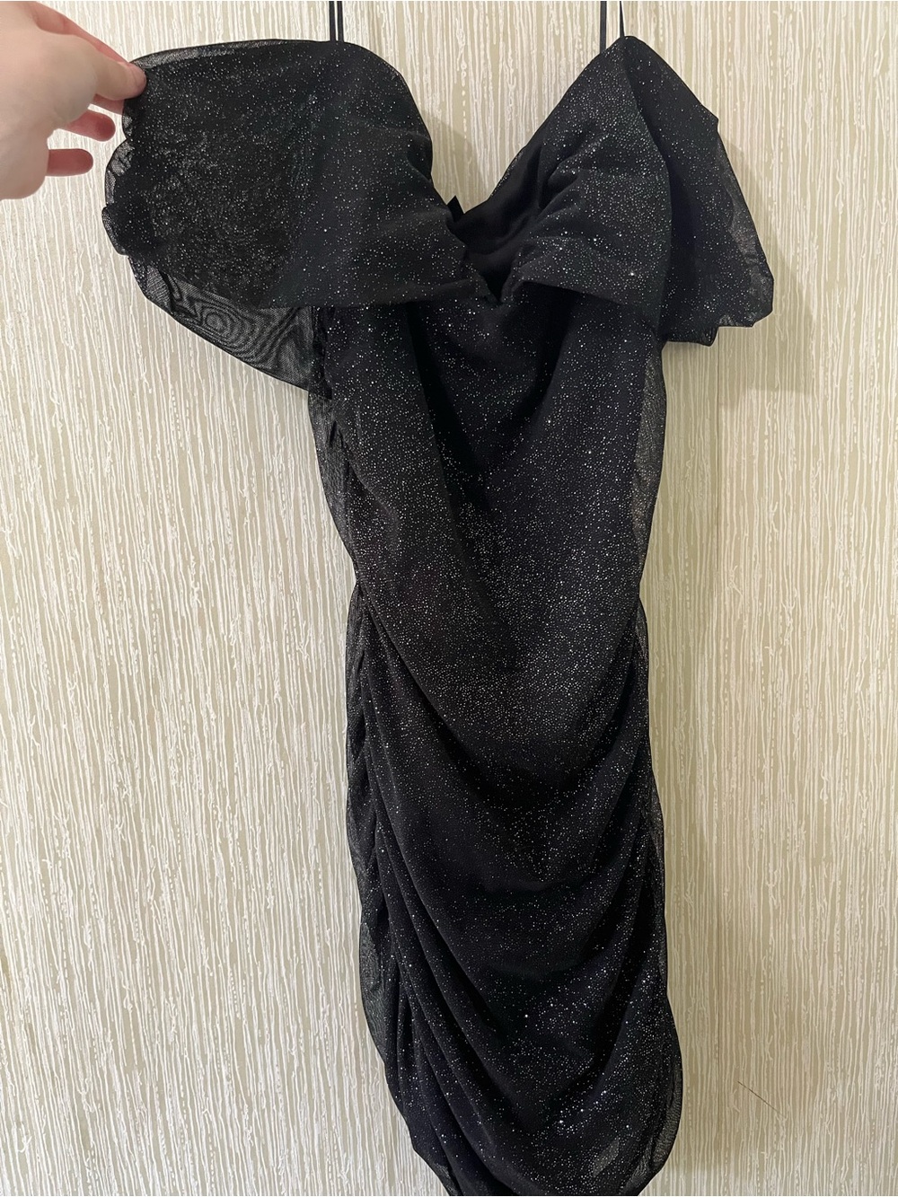 Black Sparkle Off-Shoulder Draped Dress